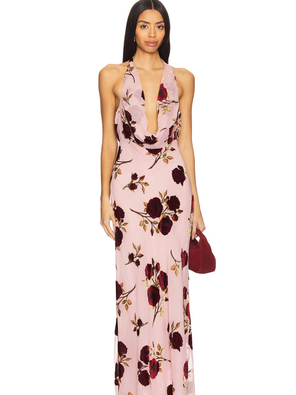 For Love & Lemons Pink Floral Backless Halter Maxi Dress